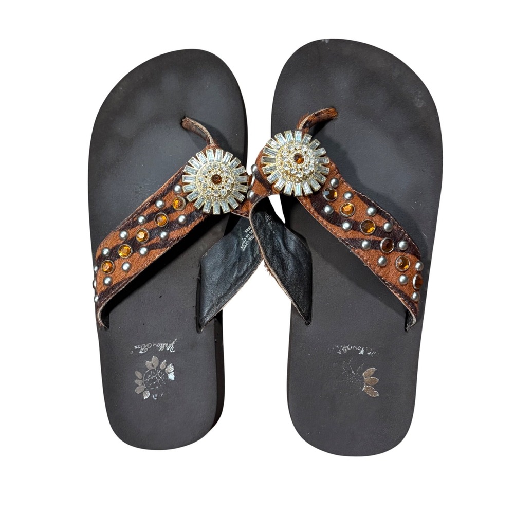 Y2K Mcbling Trashy Animal Print Calf Hair Crystal Studded Wedge Flip Flops 7